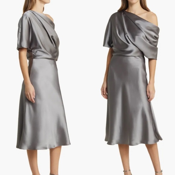 NWOT Amsale The Slouch Draped Satin One-Shoulder Midi Dress sz 2 - Picture 2 of 8